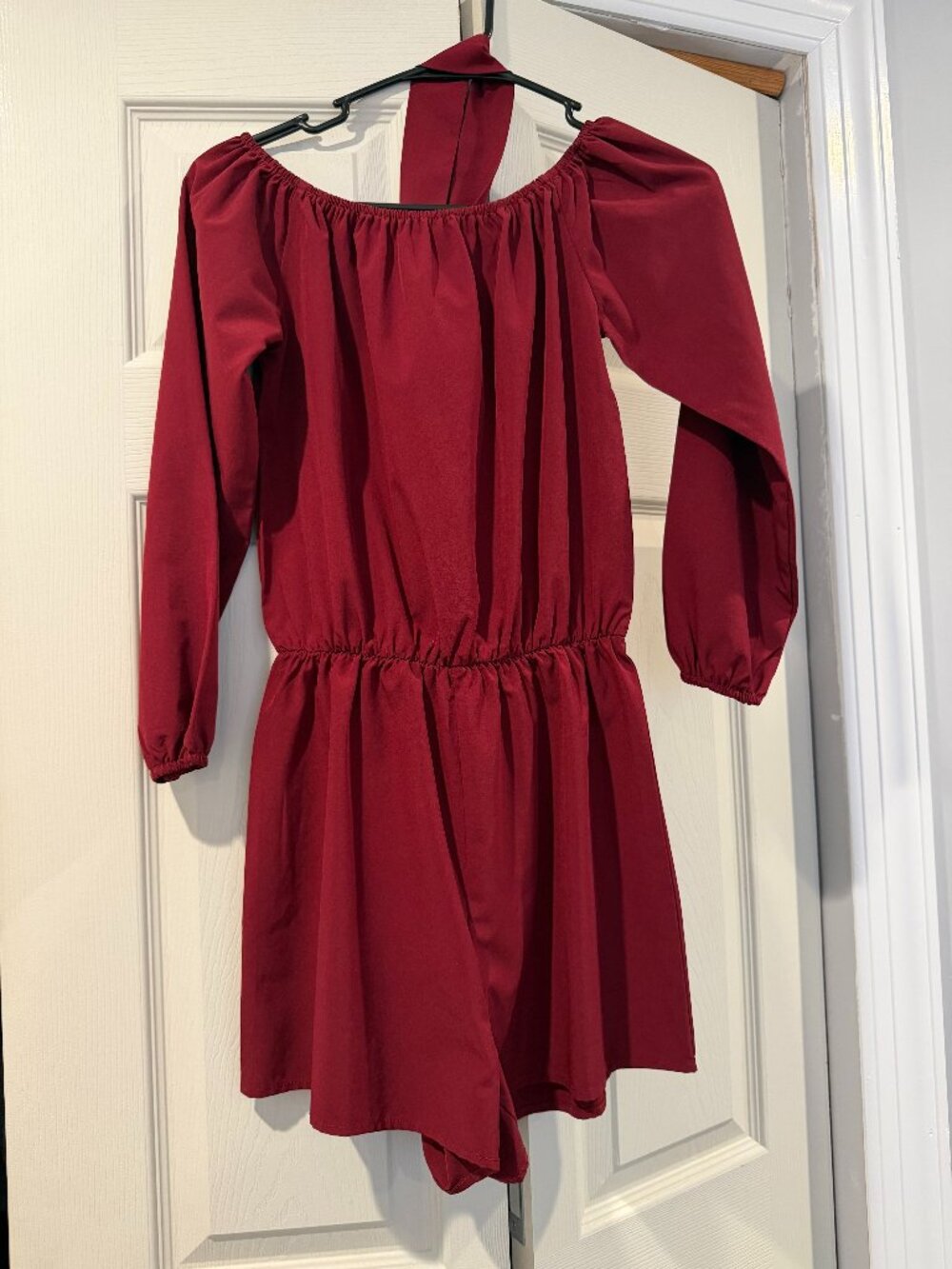 MissMoly Burgundy Off-Shoulder Long Sleeve Mini Dress with Waist Tie XS